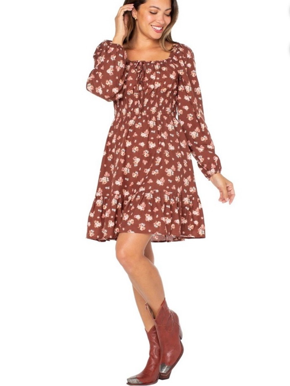 Celebrity Pink Rust Brown Floral Smocked Dress